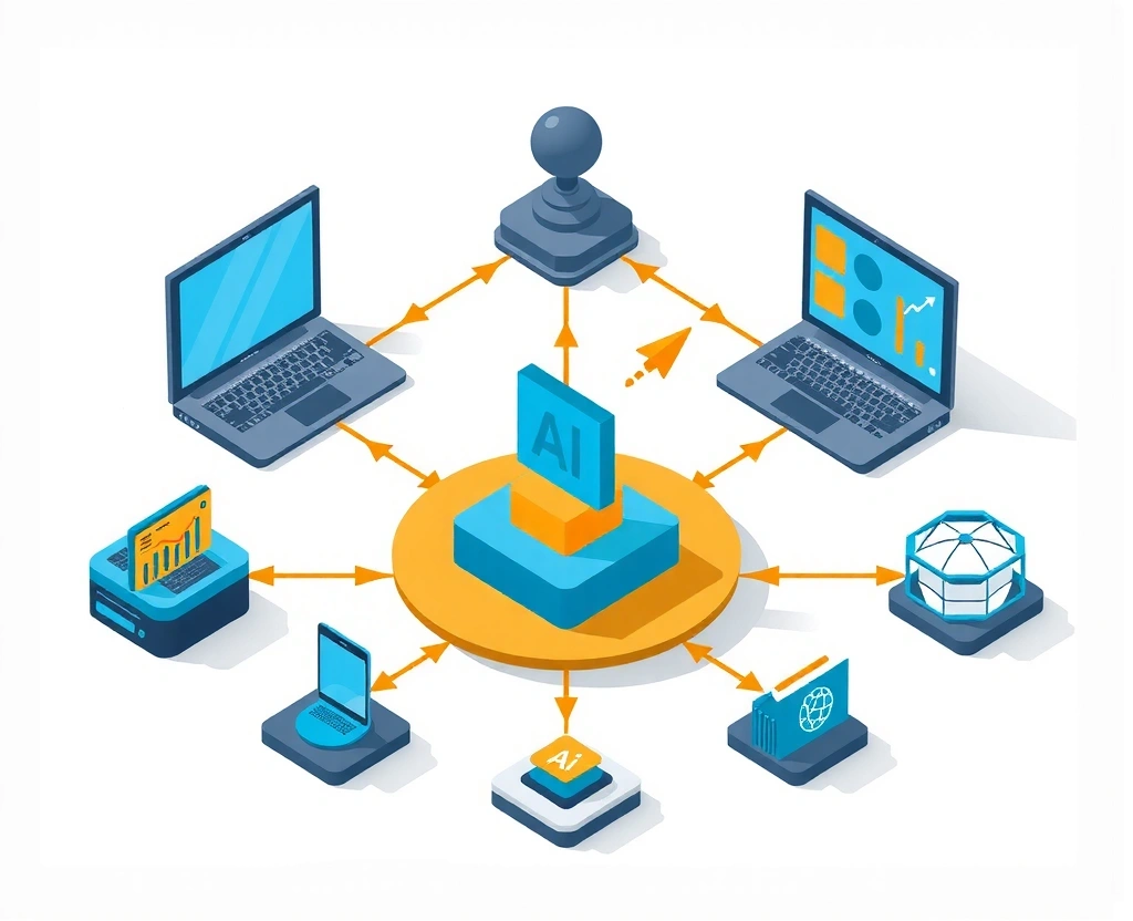 AI Technologies Network Diagram showing interconnected neural networks, machine learning algorithms, and data flow